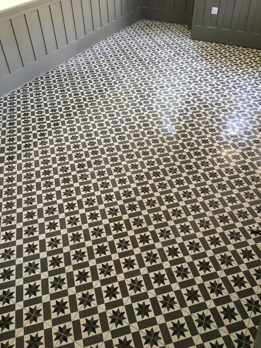 Lobby floor tiled in handmade tiles, Handmade  tile and stone flooring