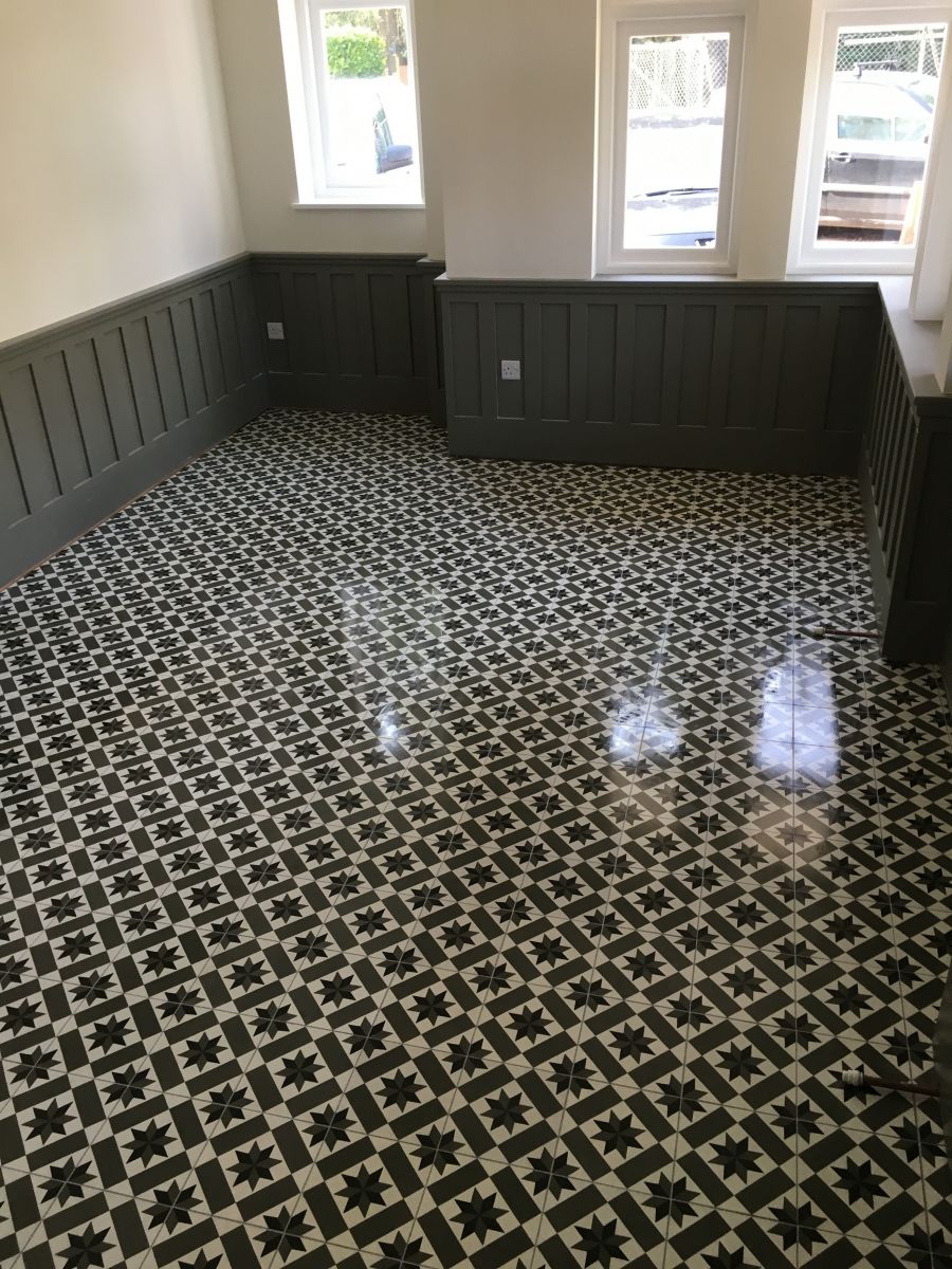 Lobby floor tiled in handmade tiles, Handmade  tile and stone flooring